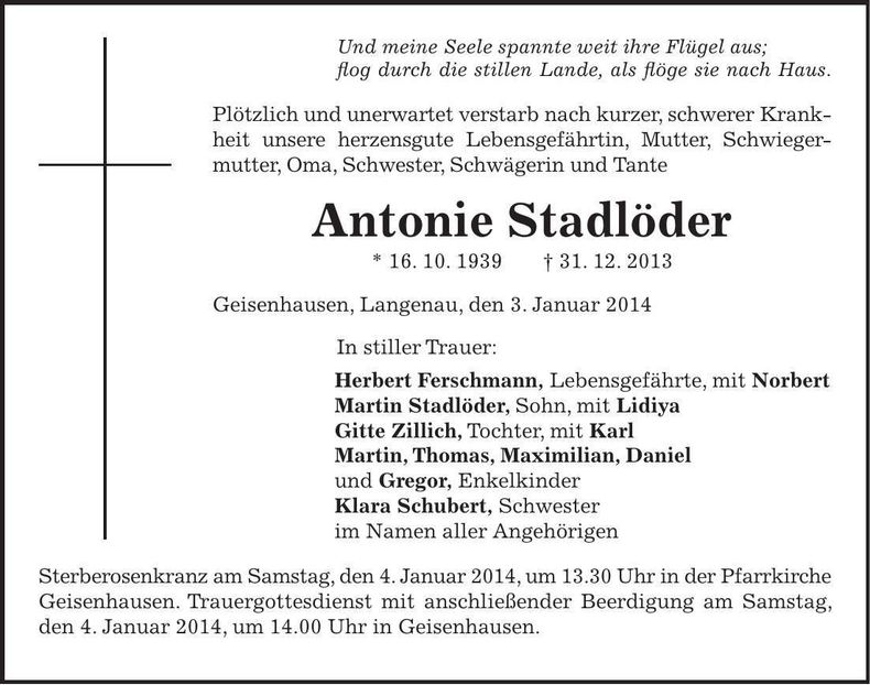 Traueranzeige Antonie Stadlöder