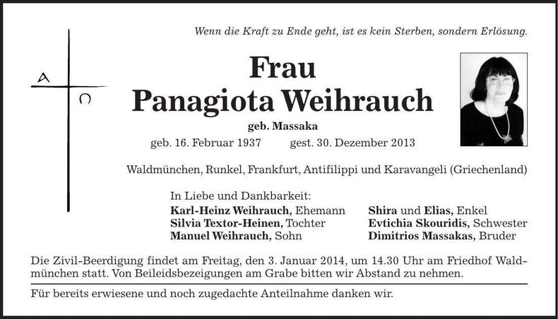 Traueranzeige Panagiota Weihrauch