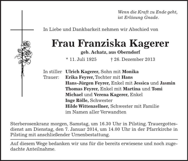 Traueranzeige Franziska Kagerer