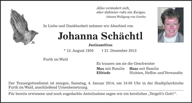 Traueranzeige Johanna Schächtl