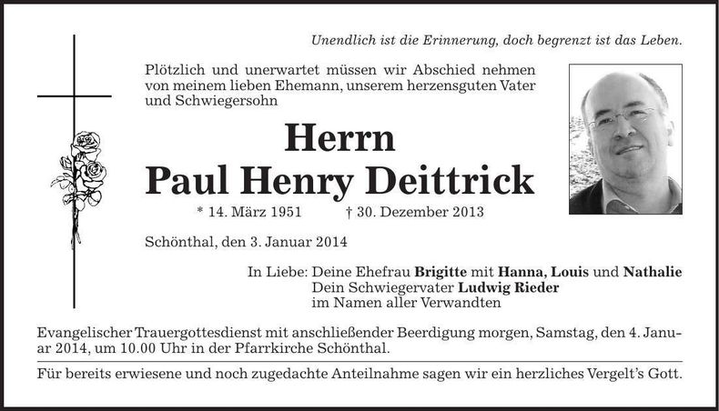 Traueranzeige Paul Henry Deittrick