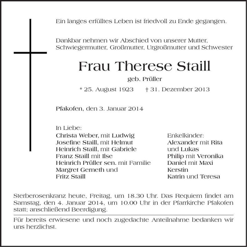 Traueranzeige Therese Staill