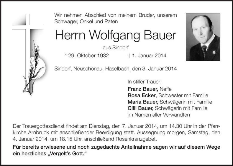 Traueranzeige Wolfgang Bauer