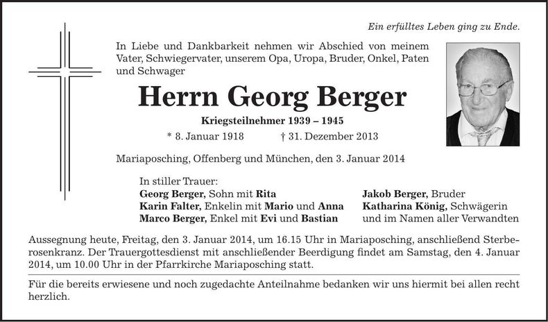 Traueranzeige Georg Bauer