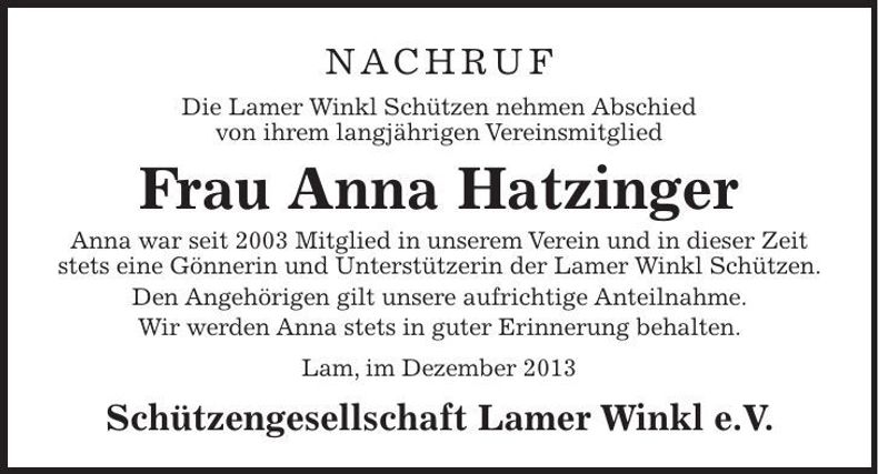 Traueranzeige Anna Hatzinger