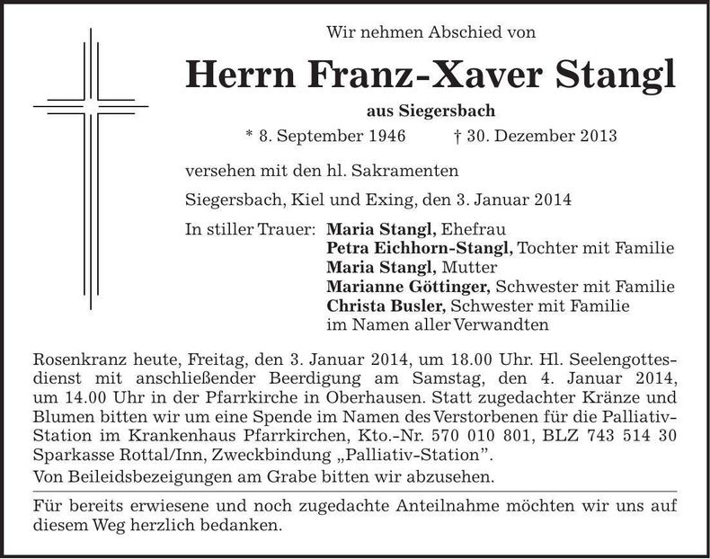 Traueranzeige Franz-Xaver Stangl