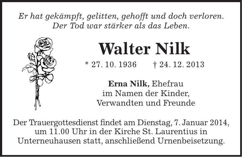 Traueranzeige Walter Nilk