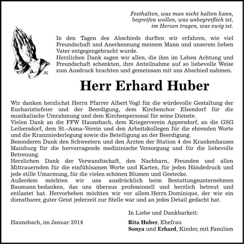 Traueranzeige Erhard Huber