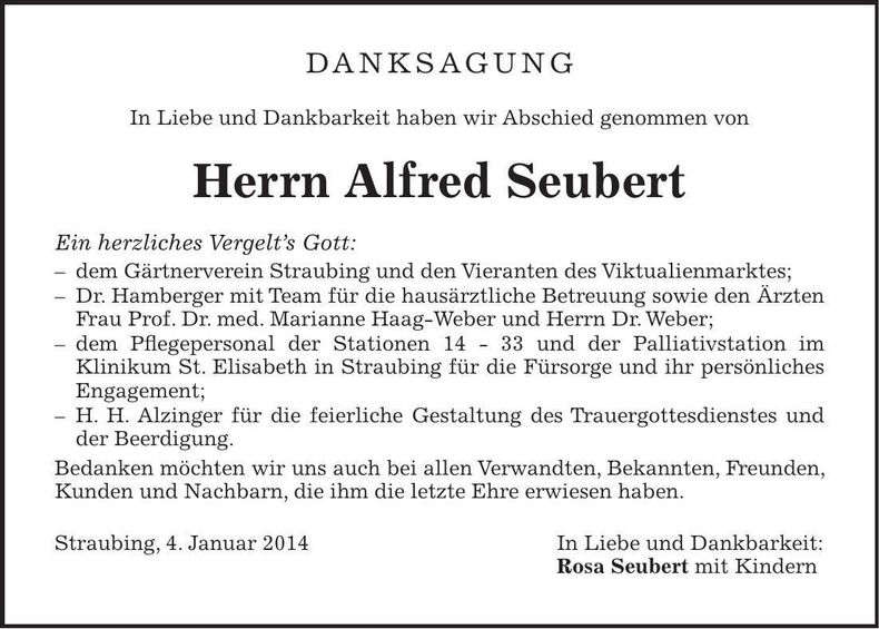 Traueranzeige Alfred Seubert