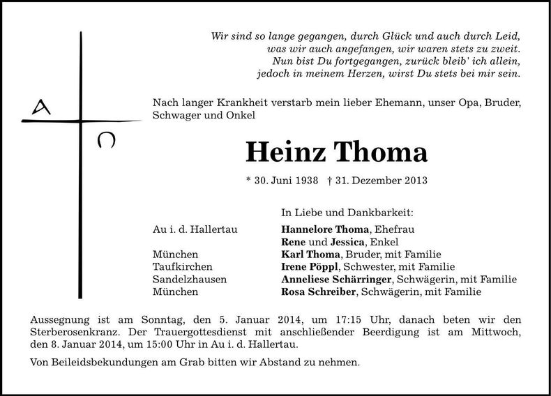 Traueranzeige Heinz Thoma