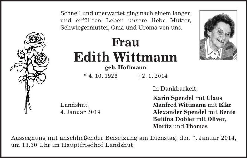 Traueranzeige Edith Wittmann