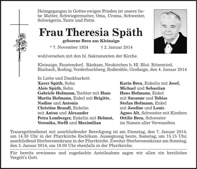 Traueranzeige Theresia Späth