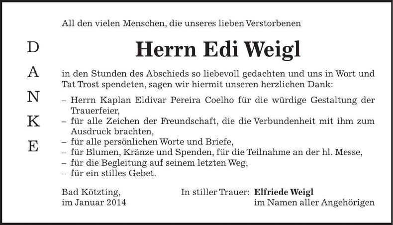 Traueranzeige Edi Weigl