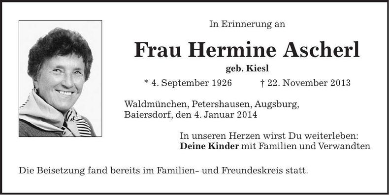 Traueranzeige Hermine Ascherl