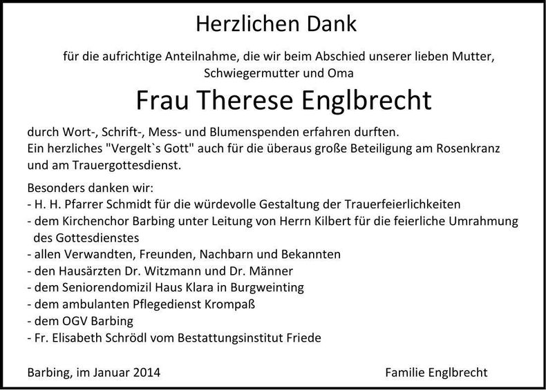 Traueranzeige Therese Englbrecht