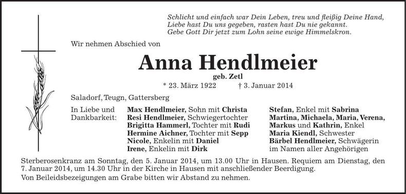 Traueranzeige Anna Hendlmeier