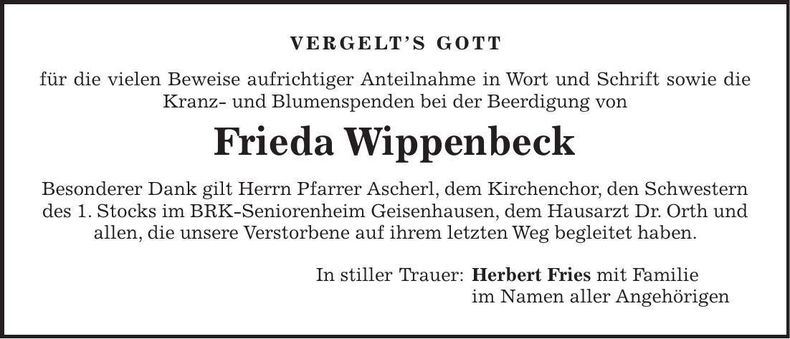 Traueranzeige Frieda Wippenbeck