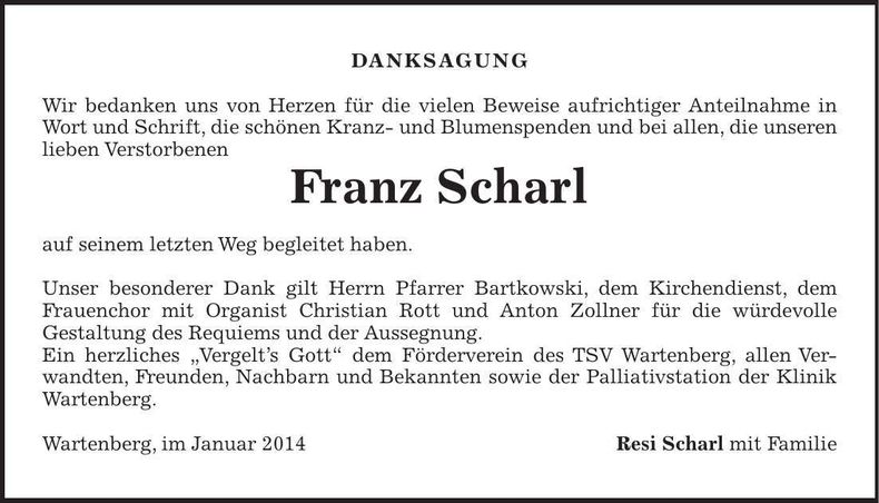 Traueranzeige Franz Scharl