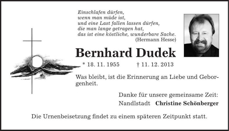Traueranzeige Bernhard Dudek