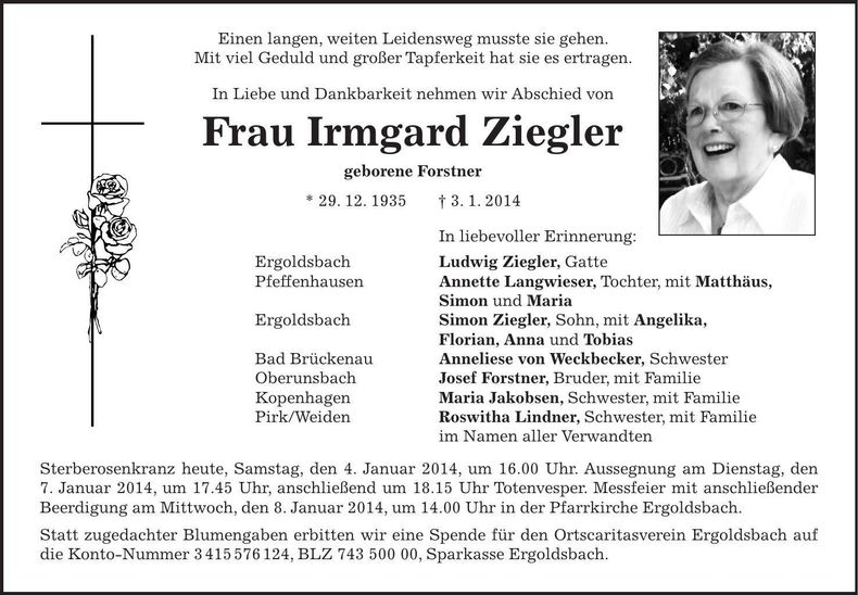 Traueranzeige Irmgard Ziegler