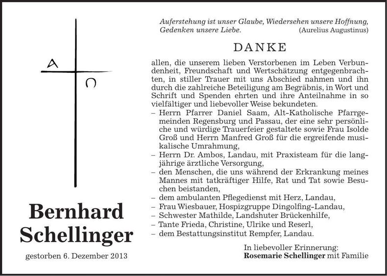 Traueranzeige Bernhard Schellinger