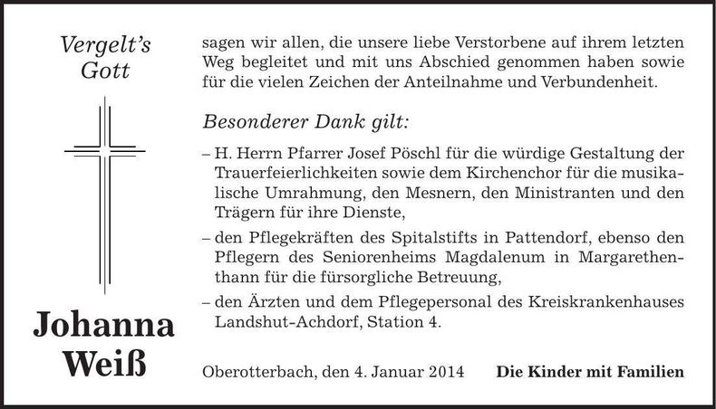 Traueranzeige Johanna Weiß