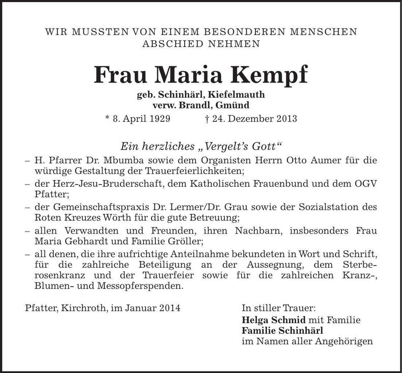 Traueranzeige Maria Kempf