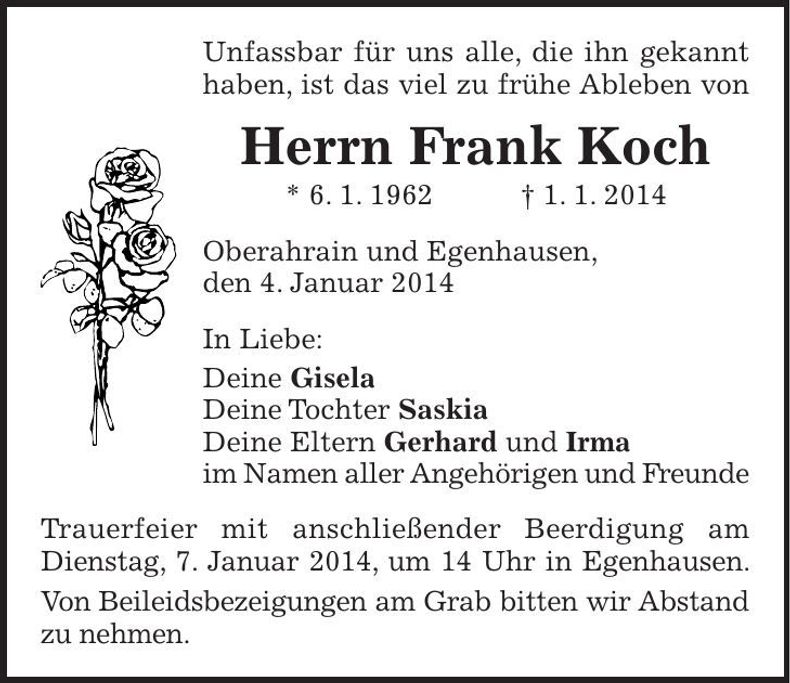 Traueranzeige Frank Koch