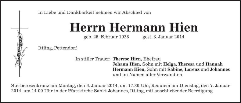 Traueranzeige Hermann Hien