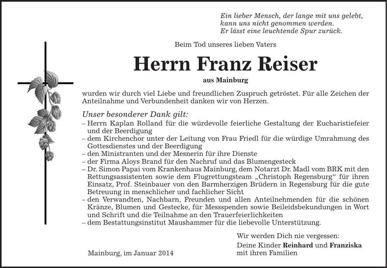 Traueranzeige Franz Reiser