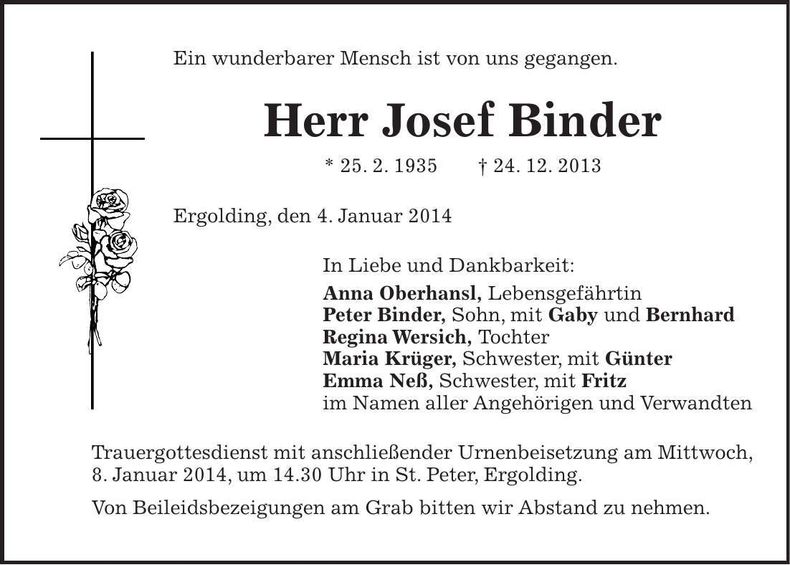 Traueranzeige Josef Binder