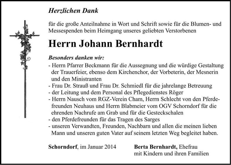 Traueranzeige Johann Bernhardt