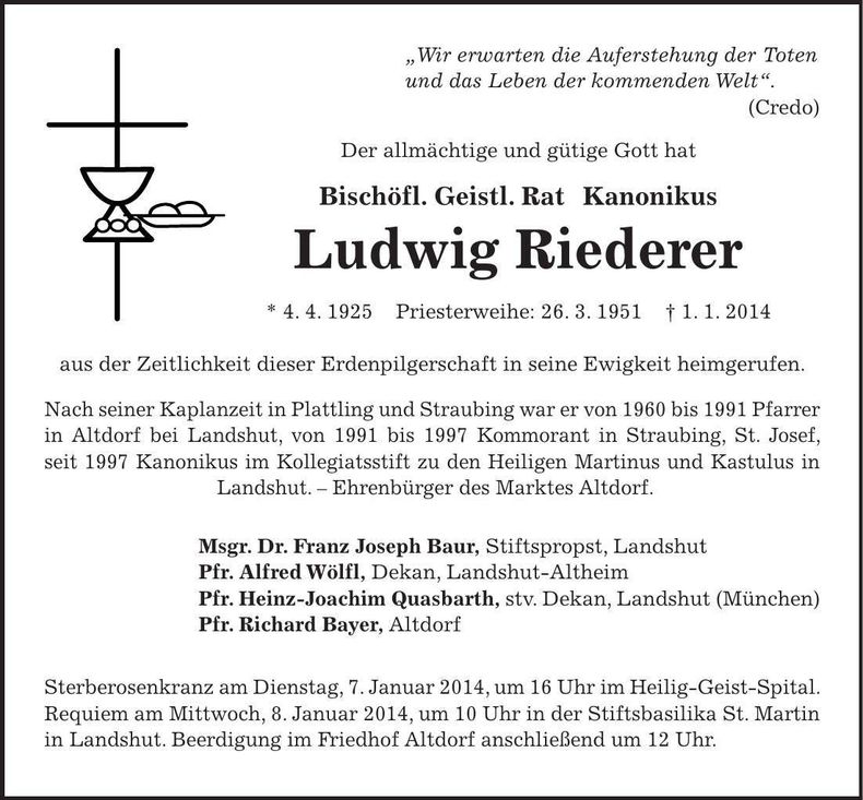 Traueranzeige Ludwig Riederer