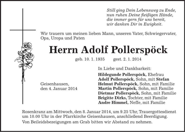 Traueranzeige Adolf Pollerspöck