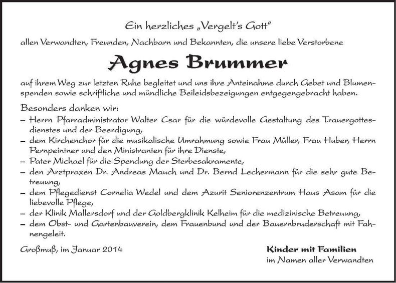 Traueranzeige Agnes Brummer