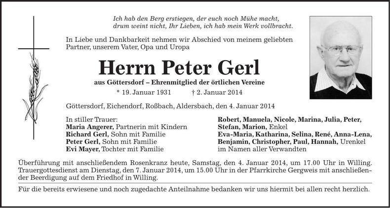 Traueranzeige Peter Gerl