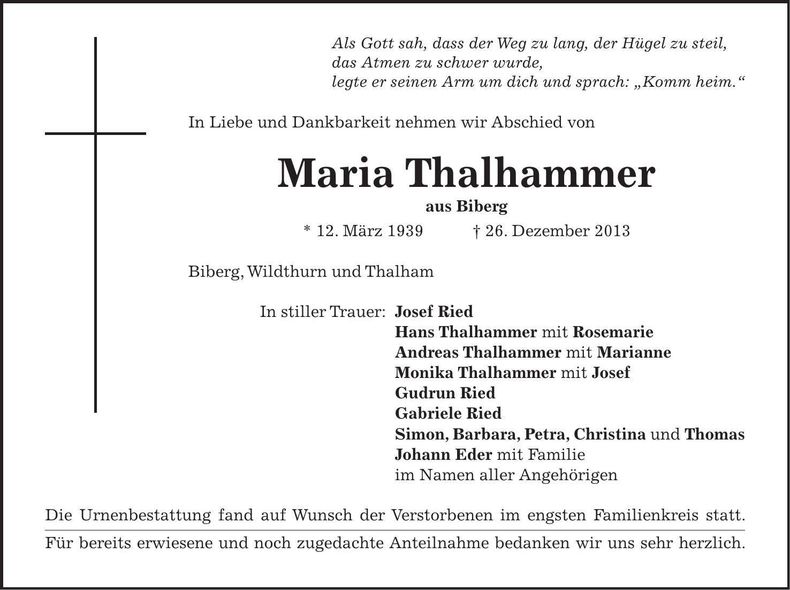 Traueranzeige Maria Thalhammer