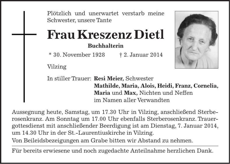 Traueranzeige Kreszenz Dietl