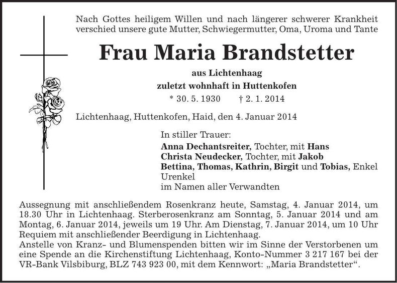 Traueranzeige Maria Brandstetter