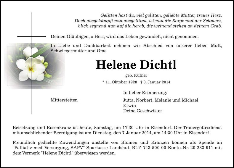 Traueranzeige Helene Dichtl