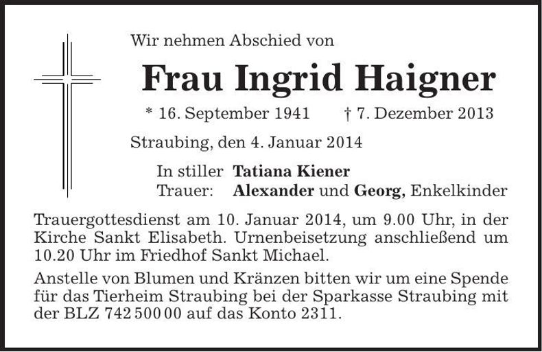 Traueranzeige Ingrid Haigner