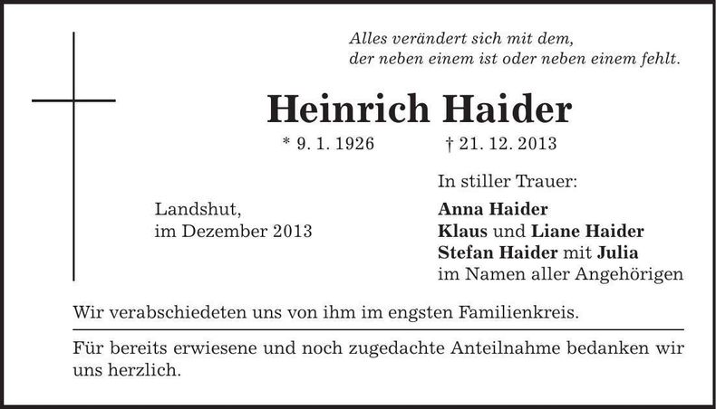 Traueranzeige Heinrich Haider