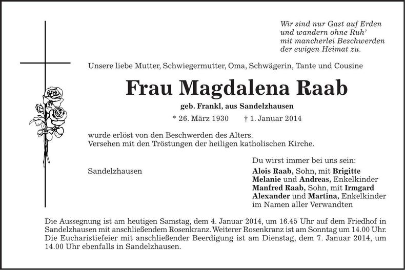 Traueranzeige Magdalena Raab