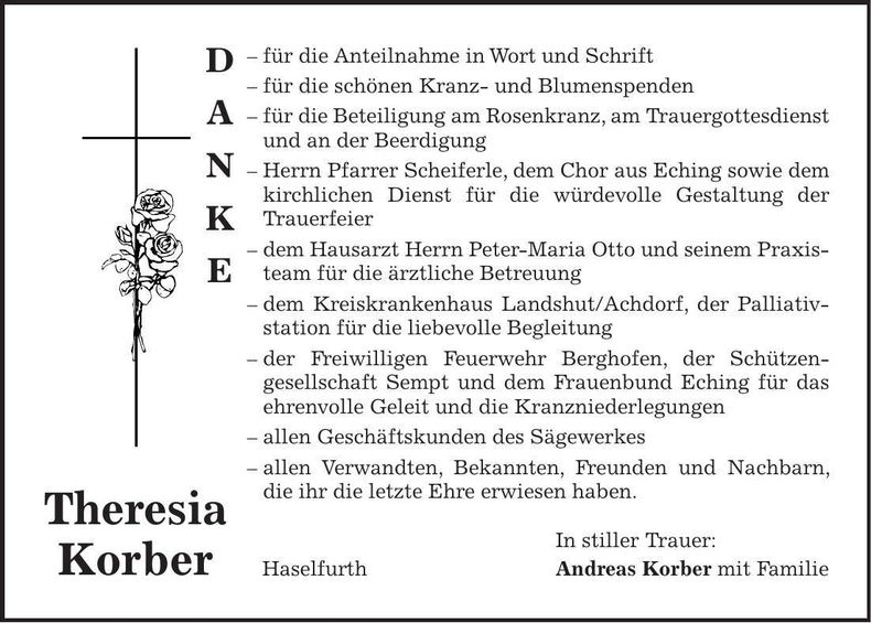 Traueranzeige Theresia Korber