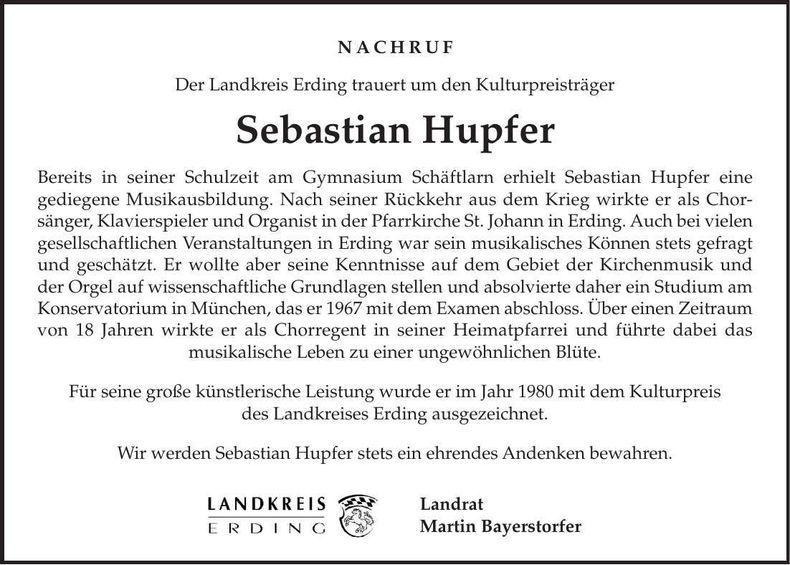 Traueranzeige Sebastian Hupfer