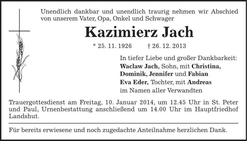 Traueranzeige Kazimierz Jach