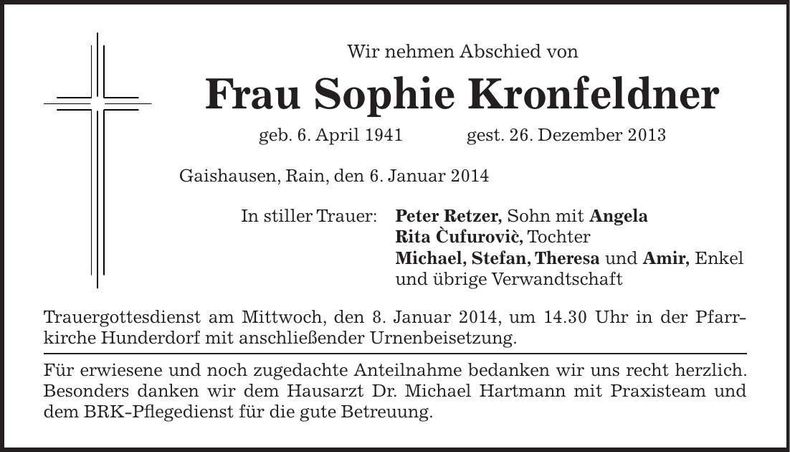Traueranzeige Sophie Kronfeldner