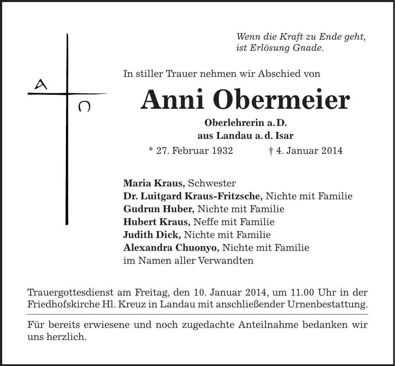 Traueranzeige Anni Obermeier