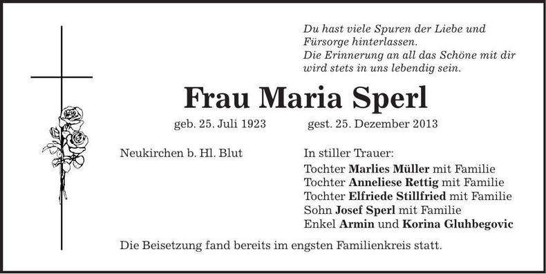 Traueranzeige Maria Sperl