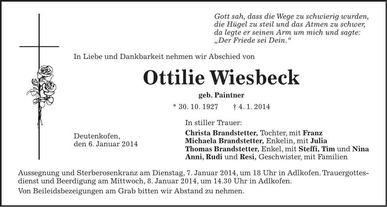 Traueranzeige Ottilie Wiesbeck